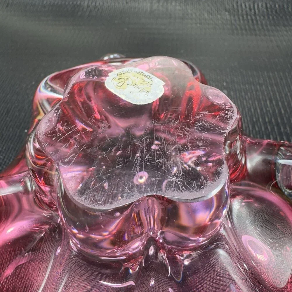 Hand Blown Bohemian Cranberry Art‎ Glass Dish Bowl Folded Edges Original Sticker